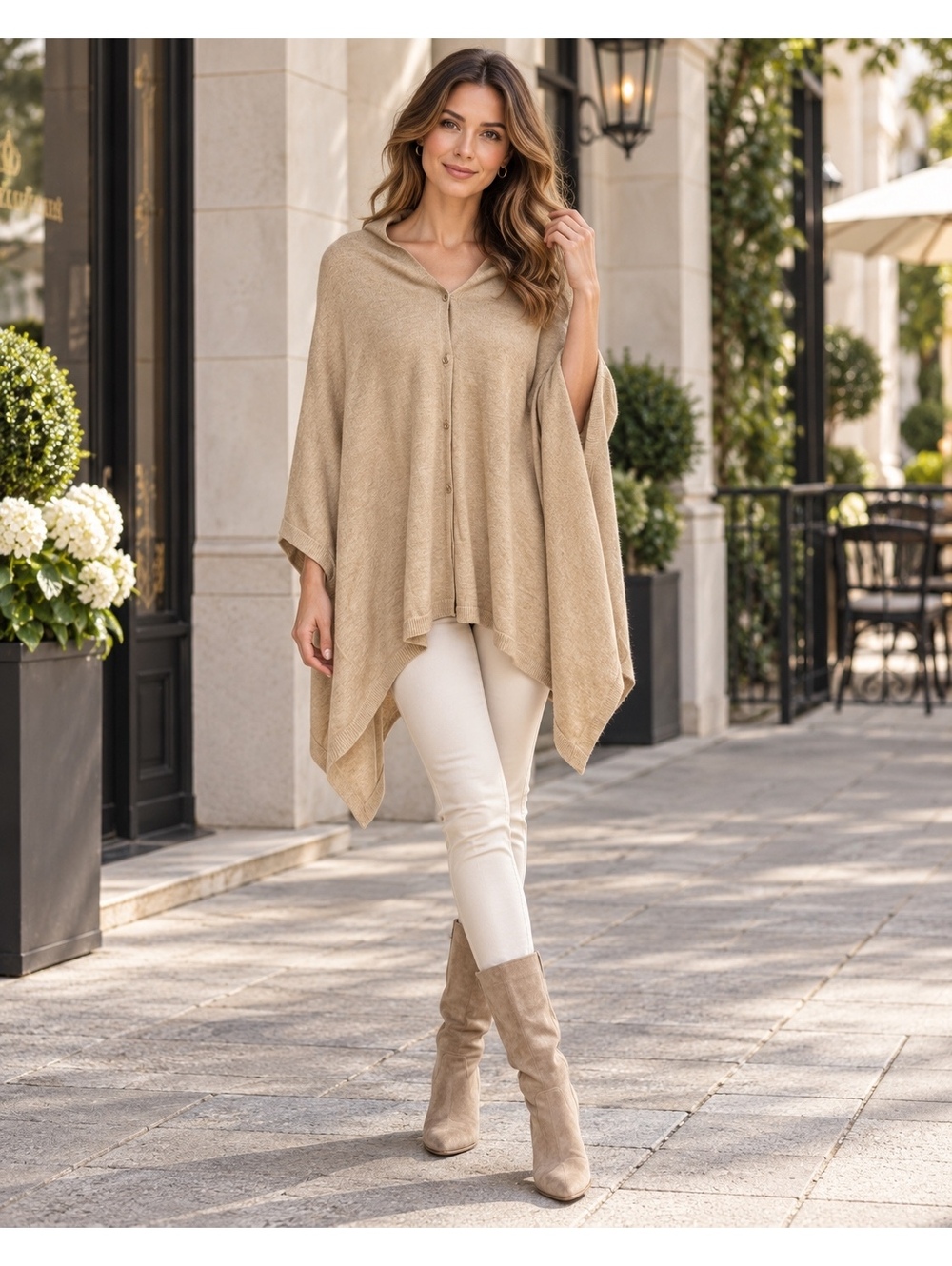 Puli Women's Beige Button-Up Poncho Sweater